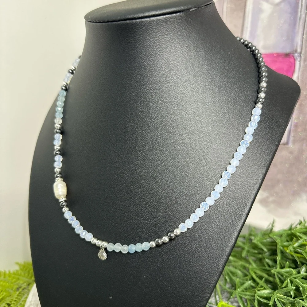 Natural Aquamarine, Opal, Natural Pearl Nacklace
